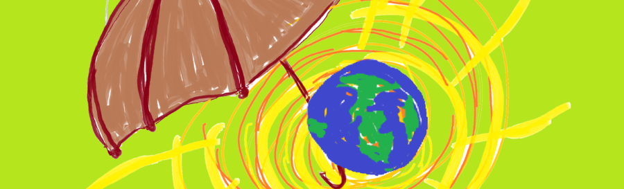 fanciful drawing of the Earth surrounded by yellow sun-like lines, all under a giant brown umbrella as a depiction of solarpunk