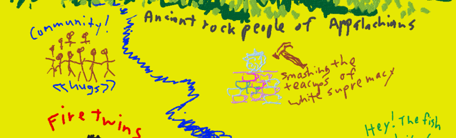 doodle to capture Witchcamp: set among mountains and lake, two people labeled fire twins, infinity sign labeled "whole time," hammer smashing teacups of white supremacy