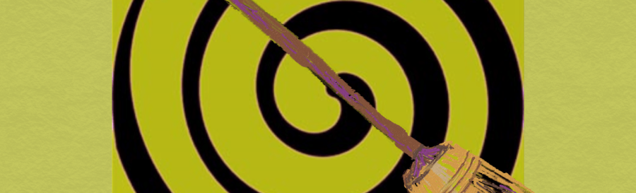 black spiral on yellow background with a broom diagonally across it.