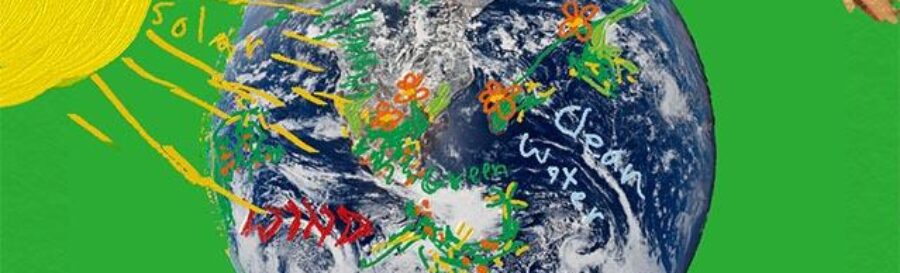 Earth from space with hand holding pen to draw green plants and flowers on it. Text: Regenerative Future; solar; clean water, wind