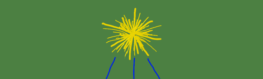 yellow starburst sitting on 3 angled blue lines as if on an easel. Small violet white-capped flame hovers above. text in orange: Solarpunk Witchcraft.