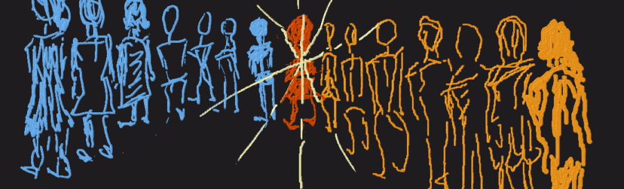 From the right, Ancestors depicted as a line of orange stick figures funnel towards the present in the middle--me as a dark orange stick figure with yellow radiating lines. A line of blue stick figures depicts Descendants flowing from me to the left.