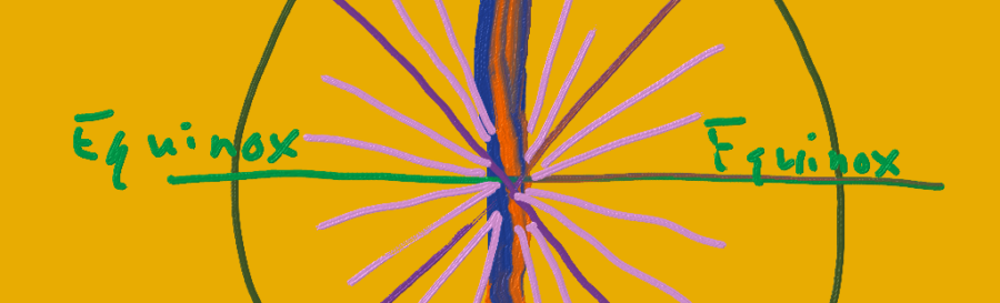 On muted orange background, the Wheel of the Year. The vertical axis bleeds colors from dark blue pointing up to bright orange pointing down, Solstice written above and below. The horizontal line is green with Equinox written at either end. Purple diagonals mark the cross-quarter days. Lavender lines radiate in between the 8 major spokes giving the feel of a starburst.