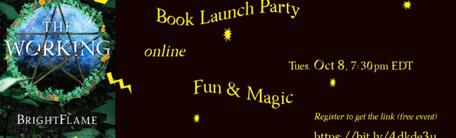 book cover with yellow squiggly lines and stars emanating. All on black background. Text: Book Launch Party. Online. Fun & Magic.