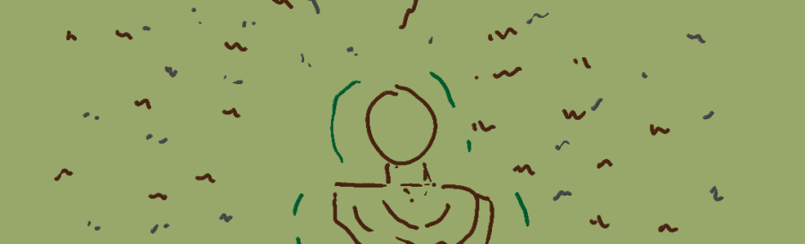 on muddy green background: stick figure sits holding knees. Brown and gray squiggles surround them to capture feel of nervous energy in the air.