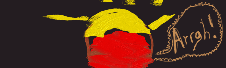 on black background, simple drawing of shoulders & head filled in red, with yellow top of head and yellow rays shooting from the top. Cartoon bubble says Arrgh!