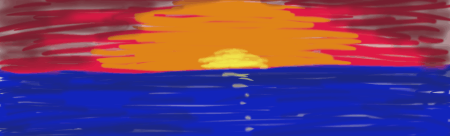 deep red and orange sky with dark blue ocean. Yellow sun either rising or setting on the horizon.