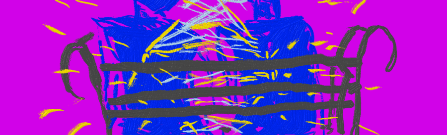 Two people silhouetted in blue sit on a bench with their backs to us. Yellow and light blue lines radiate between and around them depicting energy.
