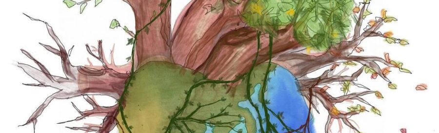 painting of an anatomical heart where the large bottom main lobe in blue tones is reminiscent of the planet and sea and a massive many-trunked tree grows from the top as if the brown arteries topped by green foliage.