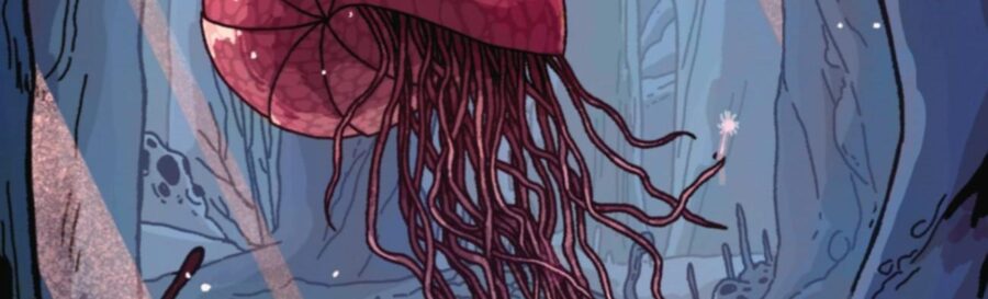 Cropped image from The Wildcraft Drones bookcover shows sunlight filtering through forest to illuminate the salmon-toned nautilus shell of a flying drone. It holds what appears to be a small white sunburst flower or mushroom in one of its dozens of tentacles that hang down as it hovers among large muted-blue-toned tree trunks.
